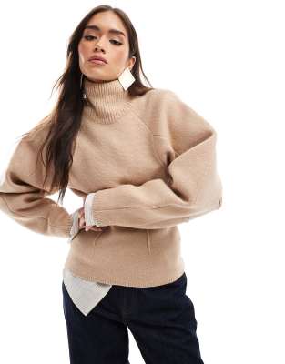 Asos Design Funnel Neck Sweater With Structured Sleeve Detail In Camel-neutral