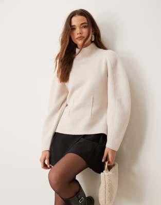 Asos Design Funnel Neck Sweater With Structured Sleeve In Cream-white