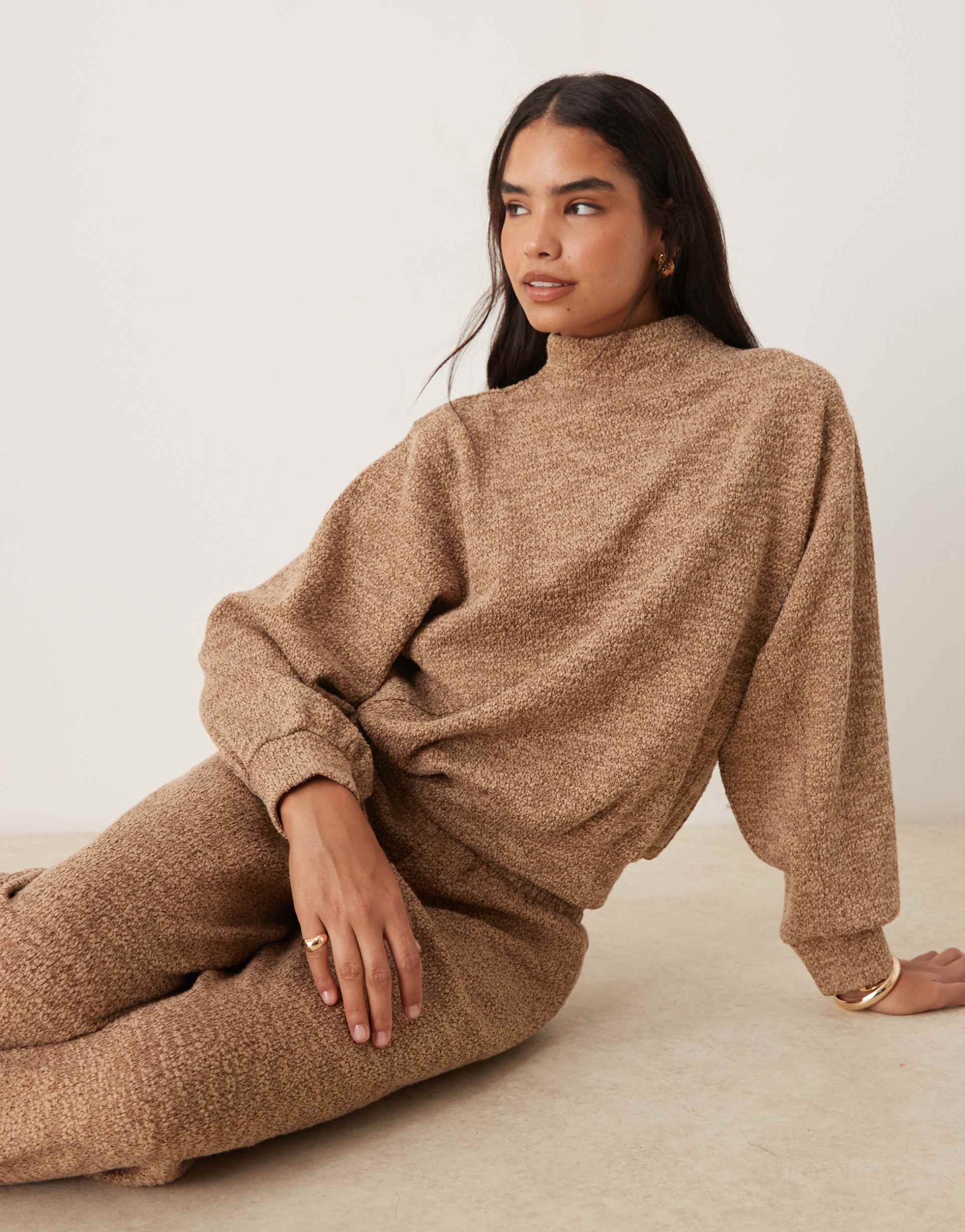 asos design funnel neck sweatshirt in mottled brown - part of a set