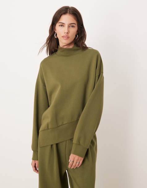 ASOS DESIGN interlock funnel neck sweatshirt with asym hem in khaki