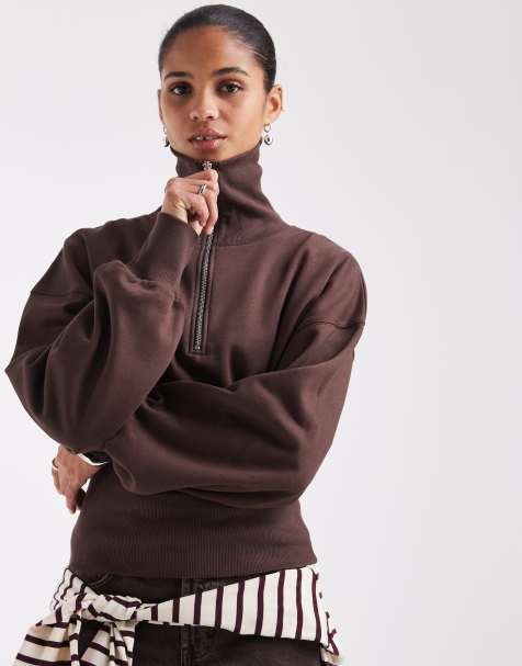 ASOS DESIGN funnel neck sweatshirt with cinch waist in brown - view 1