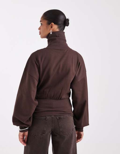 ASOS DESIGN funnel neck sweatshirt with cinch waist in brown, 2 of 4