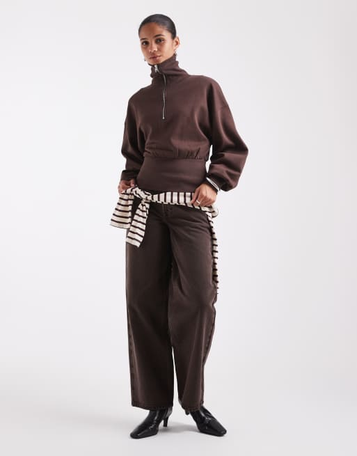 ASOS DESIGN funnel neck sweatshirt with cinch waist in brown, 3 of 4