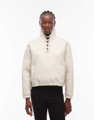 Asos Design Funnel Neck Sweatshirt With Lace Detail In White