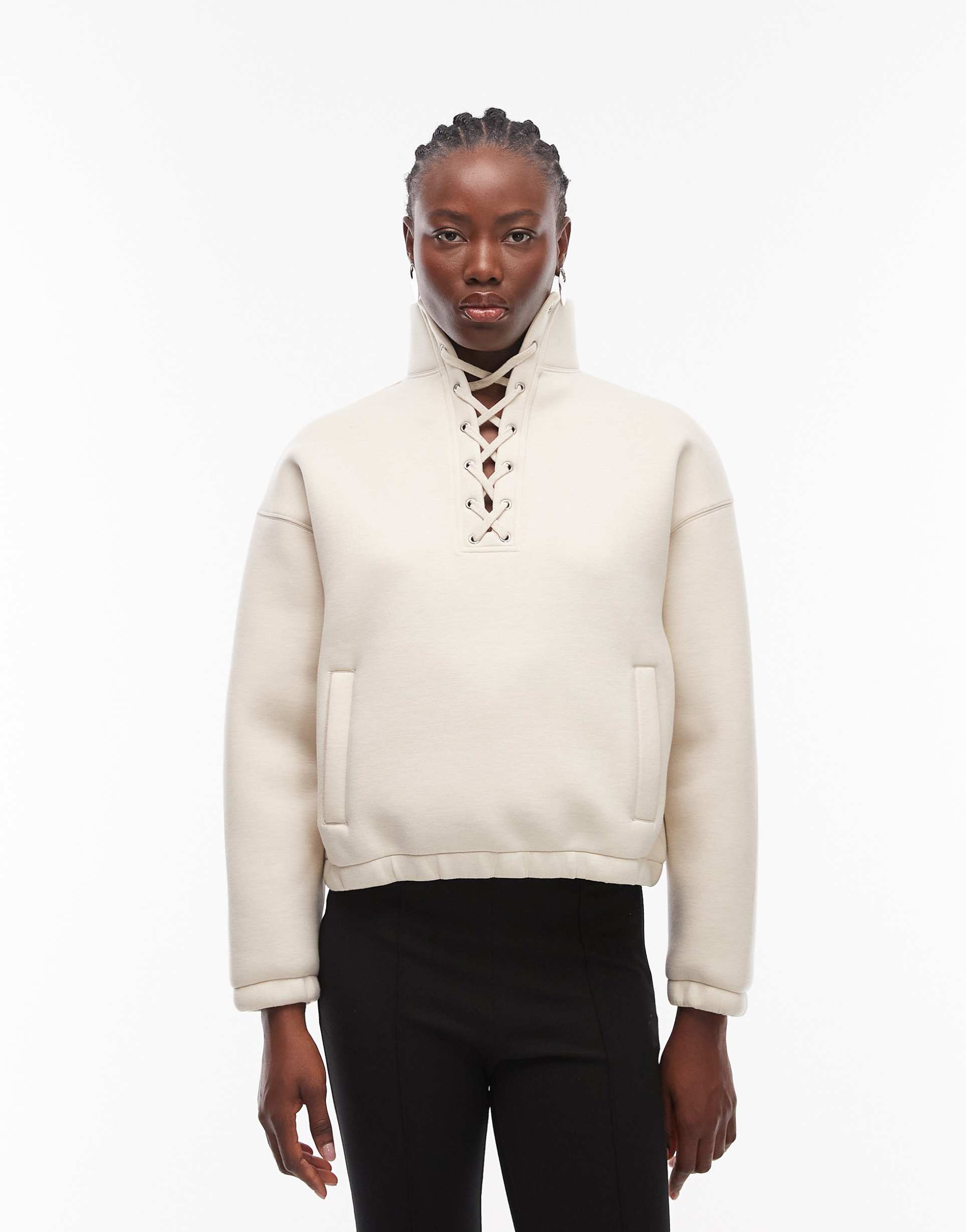 asos design funnel neck sweatshirt with lace detail in cream