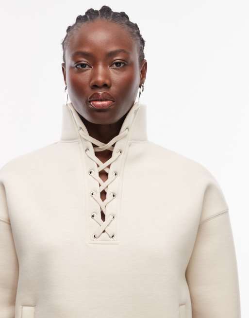ASOS DESIGN funnel neck sweatshirt with lace detail in cream, 3 of 4