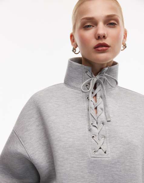 ASOS DESIGN funnel neck sweatshirt with lace up detail in grey marl - view 1