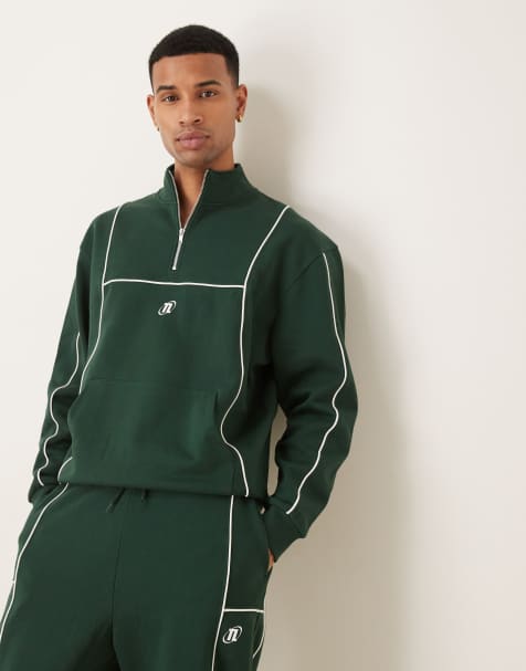 ASOS DESIGN funnel neck sweatshirt with piping and print in green - part of a set - view 1