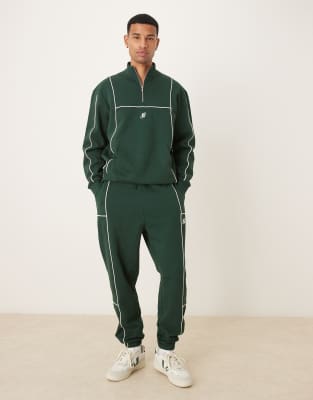 Asos Design Funnel Neck Sweatshirt With Piping And Print In Green