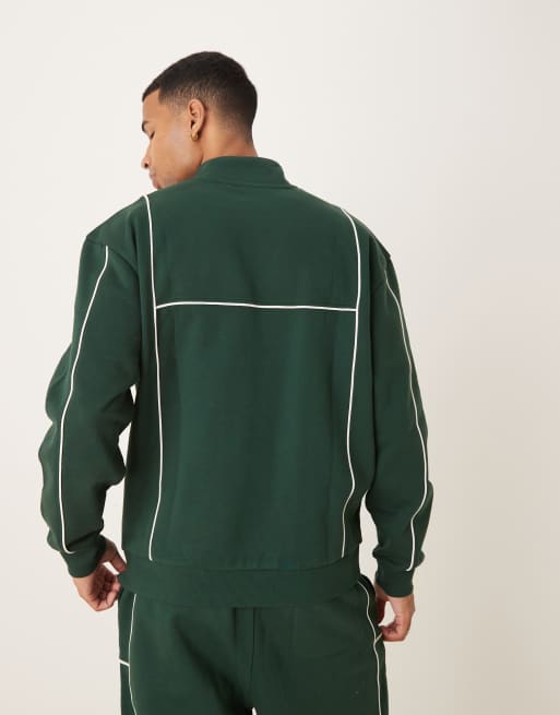 ASOS DESIGN funnel neck sweatshirt with piping and print in green - part of a set