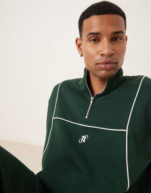 ASOS DESIGN funnel neck sweatshirt with piping and print in green - part of a set