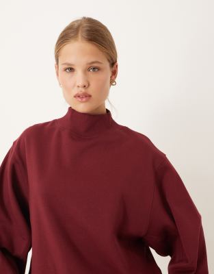 Asos Design Funnel Neck Sweatshirt With Rib Panel Detail In Burgundy
