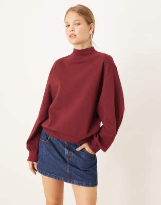 Asos Design Funnel Neck Sweatshirt With Rib Panel Detail In Burgundy