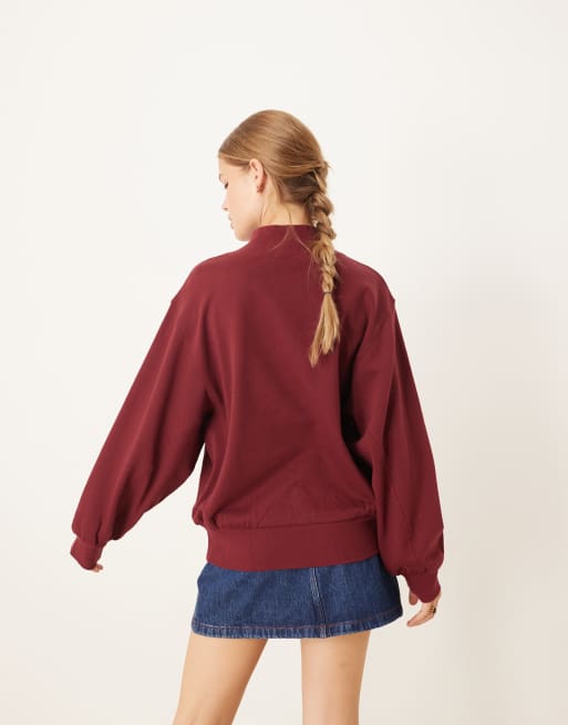 ASOS DESIGN funnel neck sweatshirt with rib panel detail in burgundy, 3 of 4