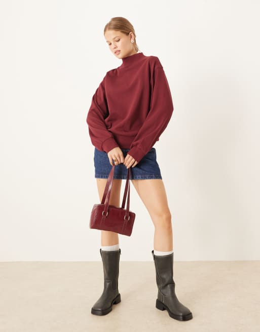 ASOS DESIGN funnel neck sweatshirt with rib panel detail in burgundy