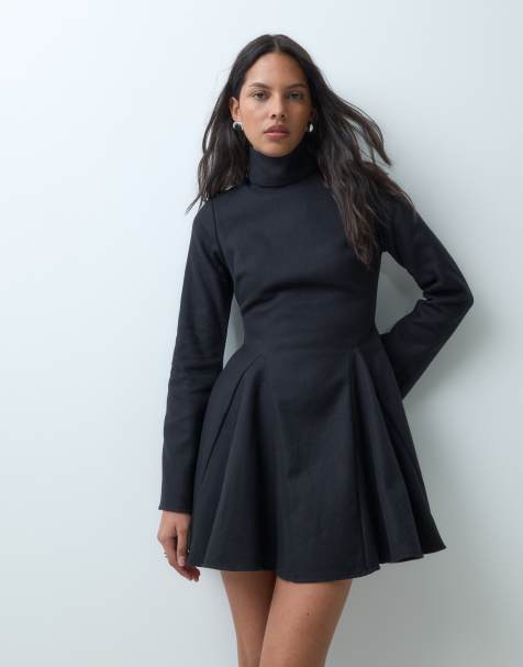 ASOS DESIGN funnel neck tailored godet mini dress in black textured twill
