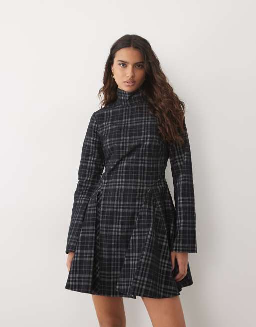 ASOS DESIGN funnel neck tailored godet mini dress in navy check, 2 of 4