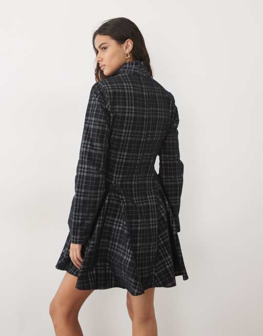 ASOS DESIGN funnel neck tailored godet mini dress in navy check, 4 of 4