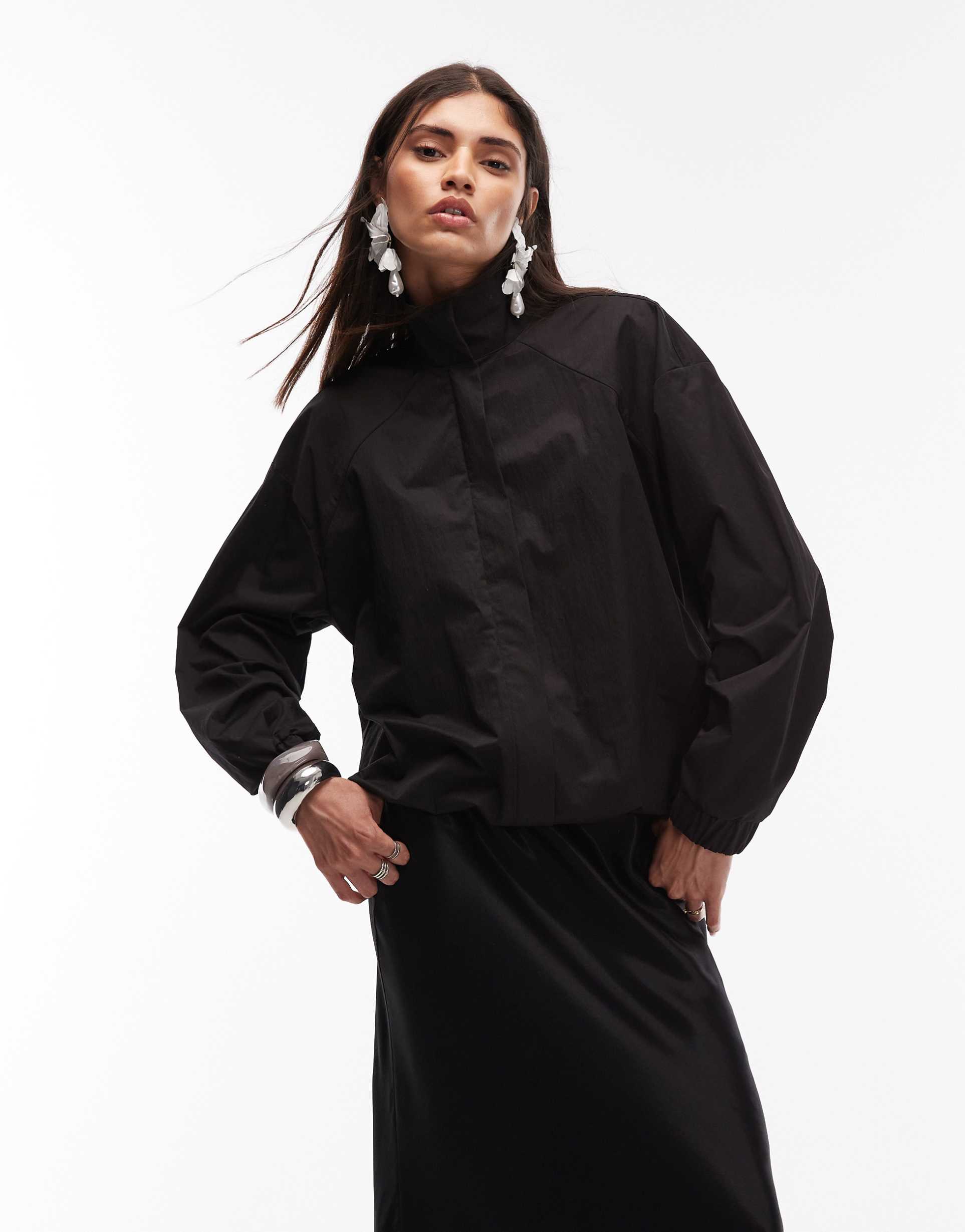 asos design funnel neck tech jacket with pleat sleeve detail in black