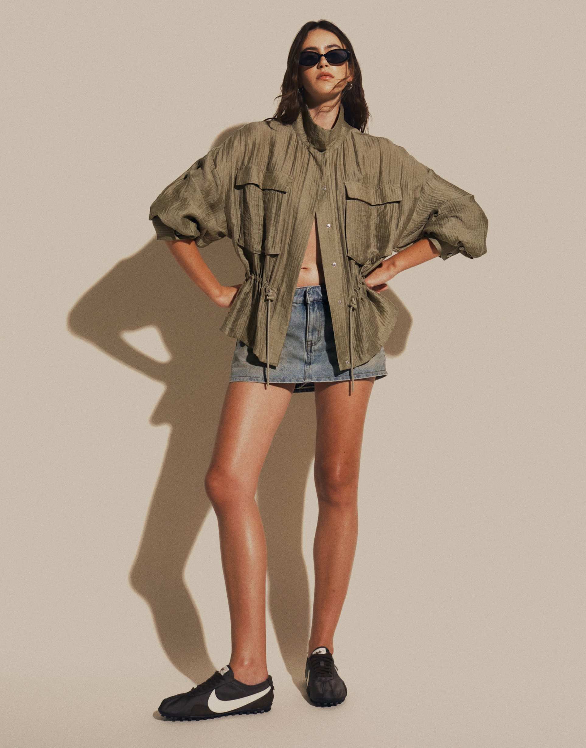 asos design funnel neck textured drawstring waist shacket in green