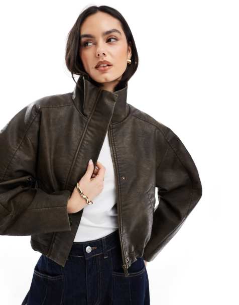 ASOS DESIGN funnel neck textured leather look bomber jacket in brown - view 1