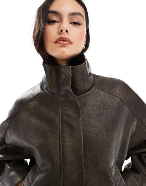 ASOS DESIGN funnel neck textured leather look bomber jacket in brown