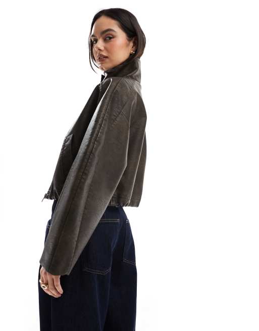 ASOS DESIGN funnel neck textured leather look bomber jacket in brown