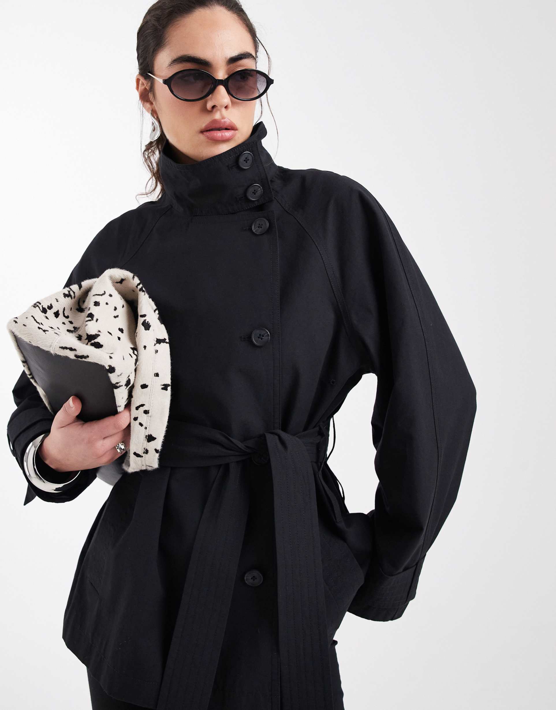 asos design funnel neck tie belt trench coat in black
