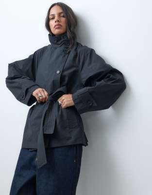 Asos Design Funnel Neck Tie Belt Trench Coat In Blue