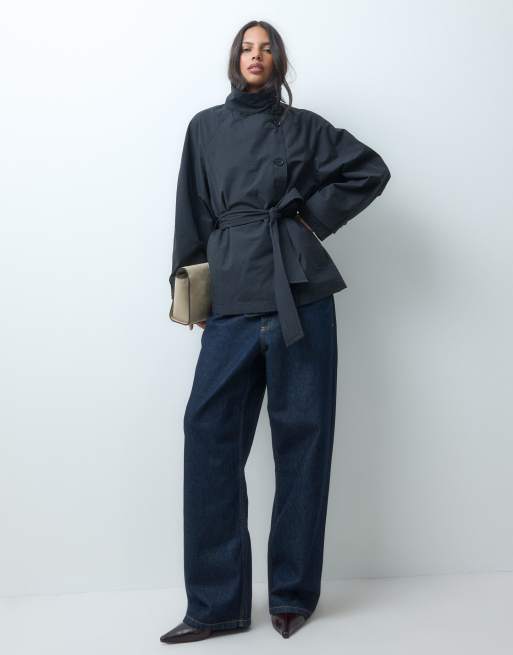 ASOS DESIGN funnel neck tie belt trench coat in black, 2 of 4