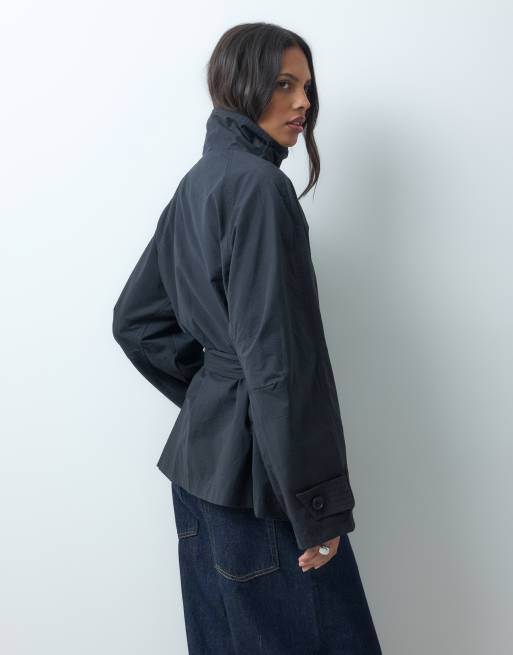 ASOS DESIGN funnel neck tie belt trench coat in black, 3 of 4