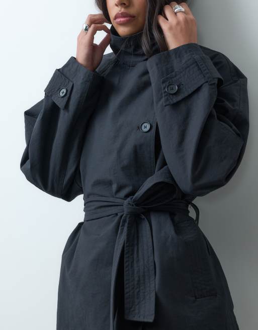 ASOS DESIGN funnel neck tie belt trench coat in black, 4 of 4