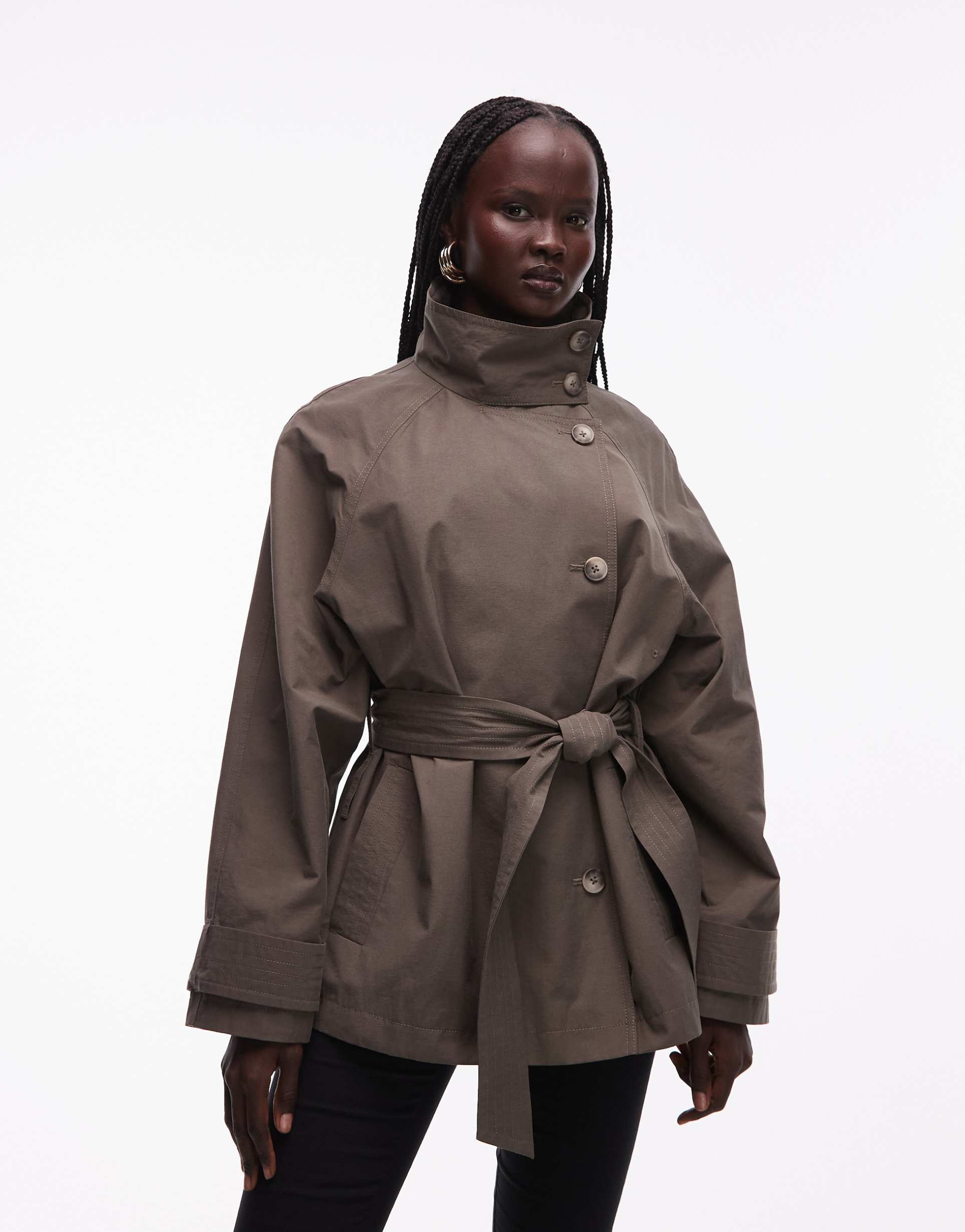 asos design funnel neck tie belt trench coat in mushroom