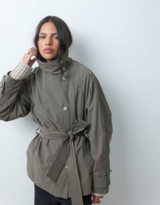 Asos Design Funnel Neck Tie Belt Trench Coat In Multi