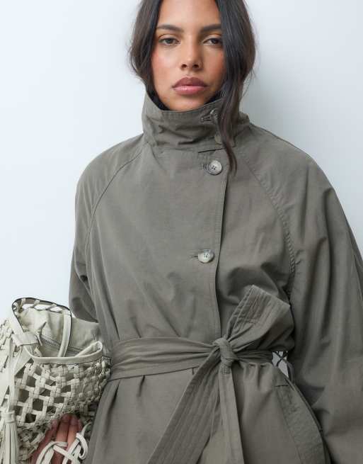 ASOS DESIGN funnel neck tie belt trench coat in mushroom, 2 of 4