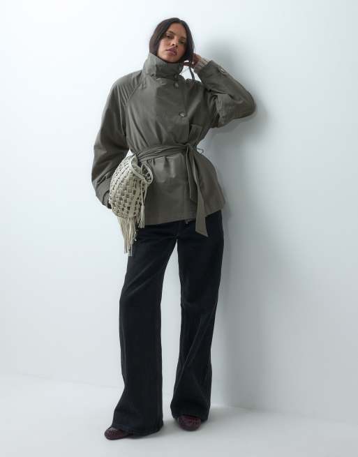 ASOS DESIGN funnel neck tie belt trench coat in mushroom, 3 of 4