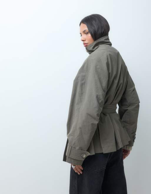 ASOS DESIGN funnel neck tie belt trench coat in mushroom, 4 of 4