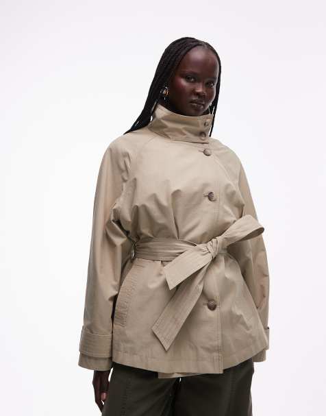 ASOS DESIGN funnel neck tie belt trench coat in stone - view 1