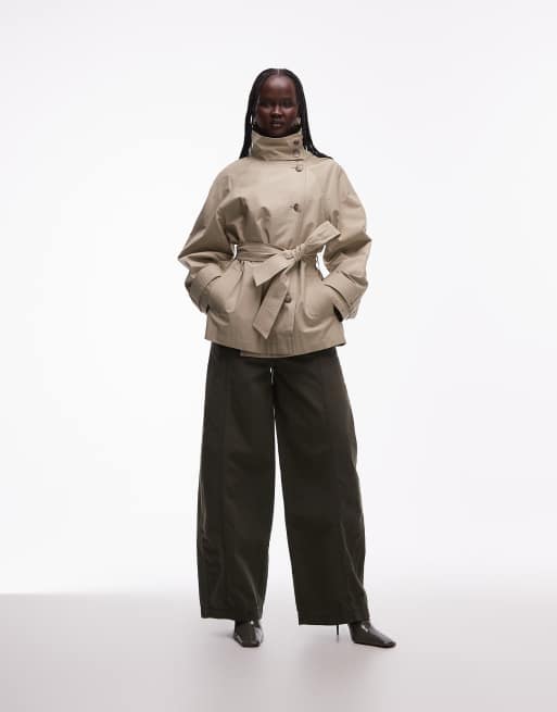 ASOS DESIGN funnel neck tie belt trench coat in stone, 2 of 4