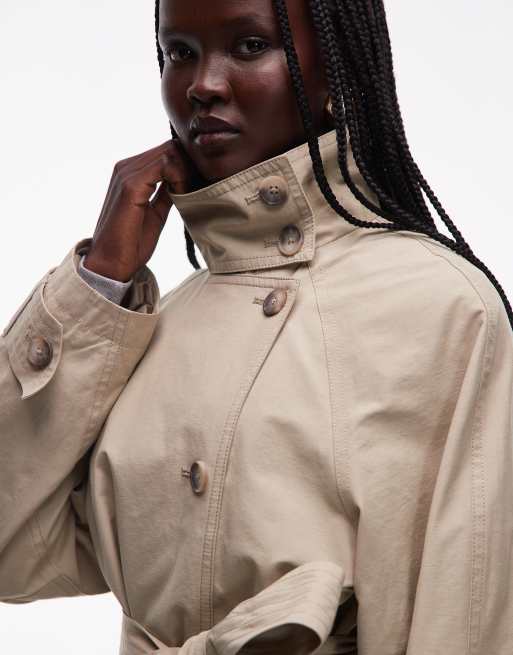 ASOS DESIGN funnel neck tie belt trench coat in stone, 3 of 4