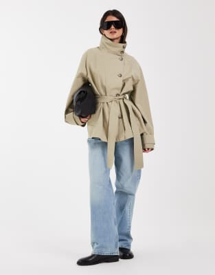 Asos Design Funnel Neck Tie Belt Trench Coat In Neutral