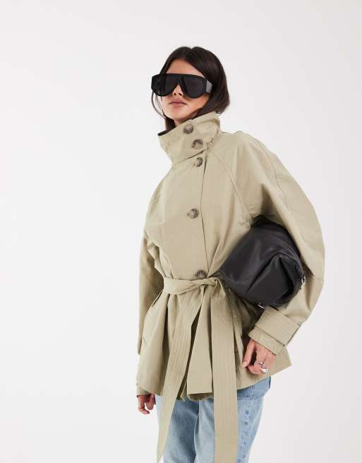 ASOS DESIGN funnel neck tie belt trench coat in stone, 3 of 4