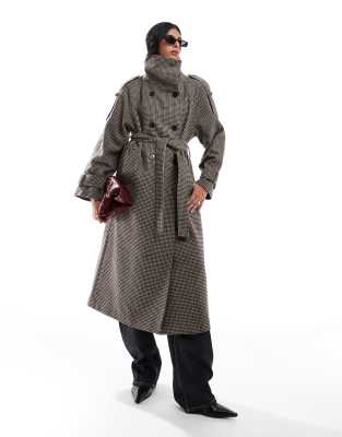 funnel neck trench coat in check-Multi