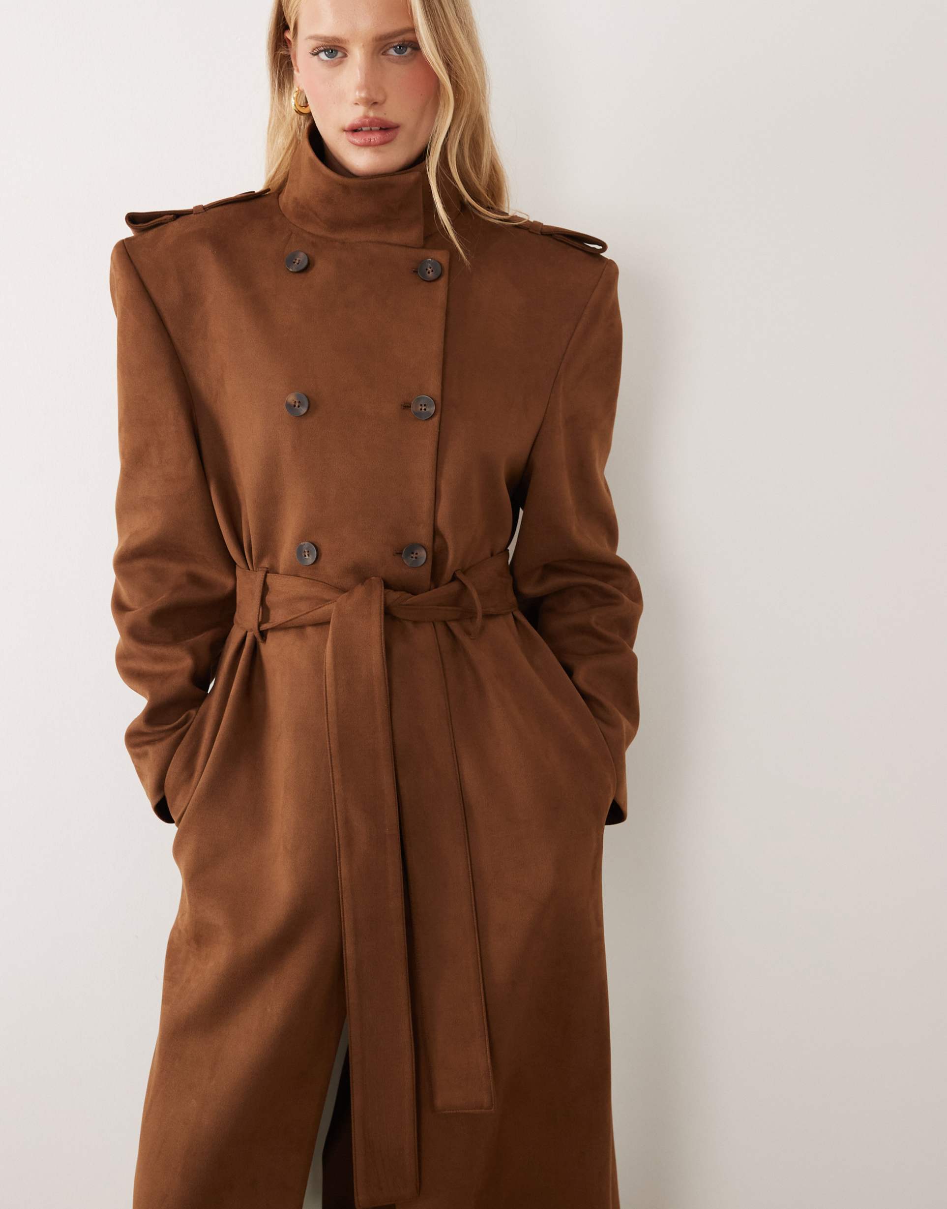 asos design funnel neck trench in faux suede