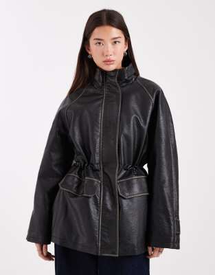 Asos Design Funnel Neck Washed Leather Look Jacket In Black
