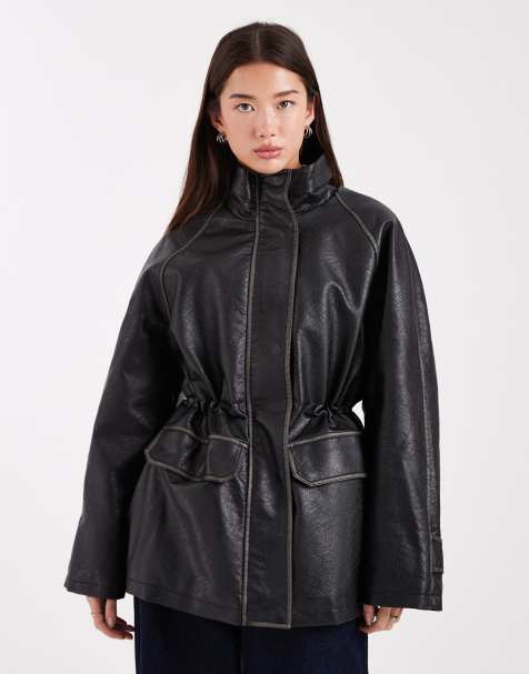 ASOS DESIGN funnel neck washed leather look jacket in black - view 1