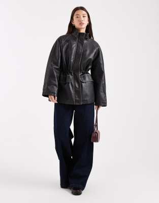 Asos Design Funnel Neck Washed Leather Look Jacket In Black