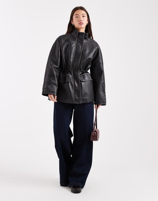 ASOS DESIGN funnel neck washed leather look jacket in black