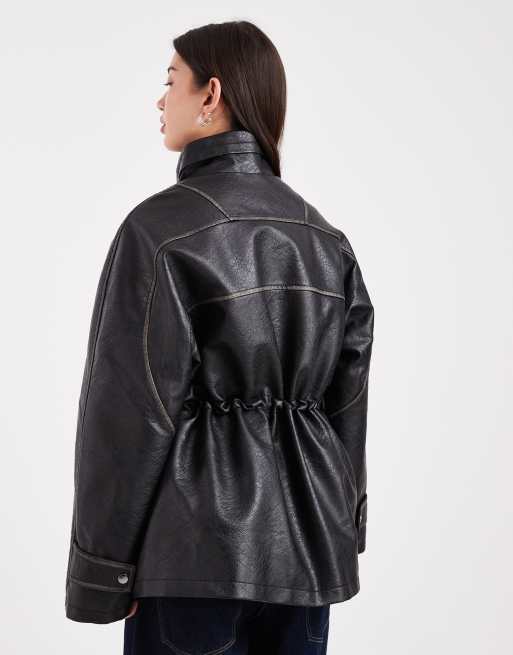 ASOS DESIGN funnel neck washed leather look jacket in black