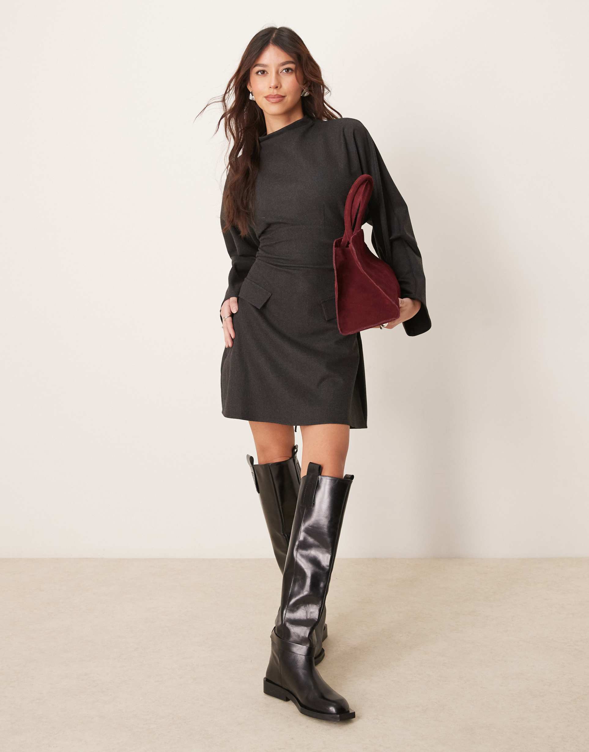 asos design funnel neck wide sleeve mini dress in charcoal gray